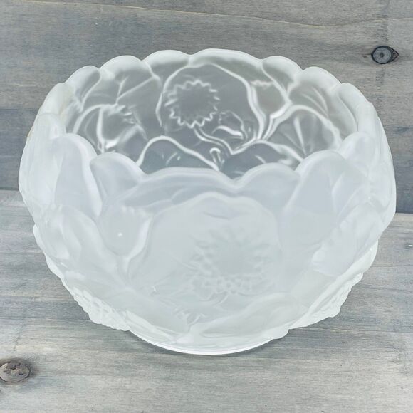 Frosted Satin Round Glass Rose Bowl FENTON Sticker Water Lily - Picture 3 of 10